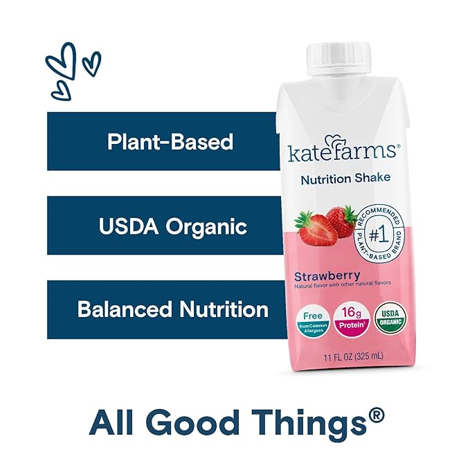 KATE FARMS Organic Nutrition Shake, Strawberry, 16g protein, 27 Vitamins 11 oz (6 Pack)