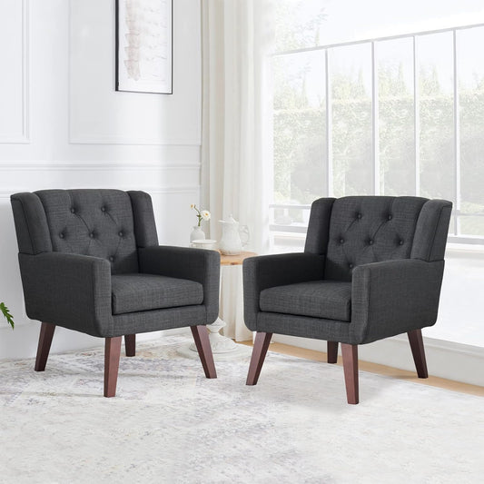 Accent Chair Button-Tufted Upholstered Living Room Chairs Comfy Reading Chair Mid Century Modern Chair with Linen Fabric Lounge Arm Chairs for Living Room Bedroom (Grey Set of 2)