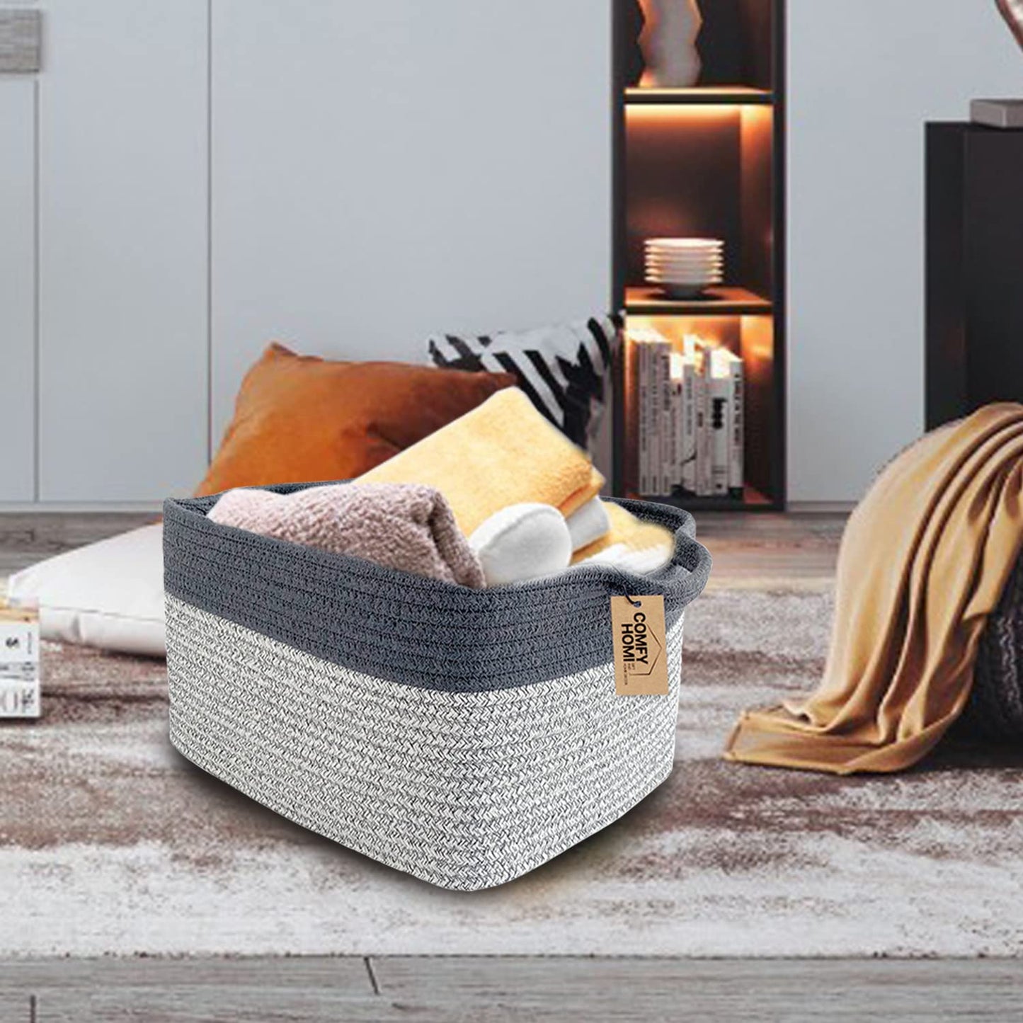 COMFY-HOMI Cotton Rope Woven Basket with Handles for Shelves,Toys,Book, Cloth Storage Baskets Bin for Organizing-13.5"x11"x9.5" Toy Decorative Organizer for Living Room, Bathroom-Light Grey