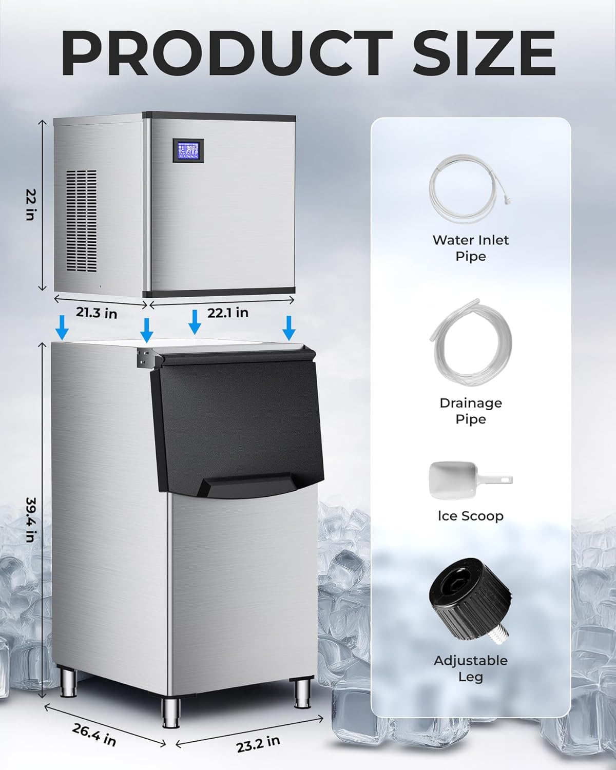 Commercial Ice Maker Machine 400 LBS/24H, Undercounter Large Ice Makers 250 LBS Storage Bin and 156 Ice Trays, Icemaker Machine with Touch Screen, Self-Cleaning for Bar/Cafe/Restaurant