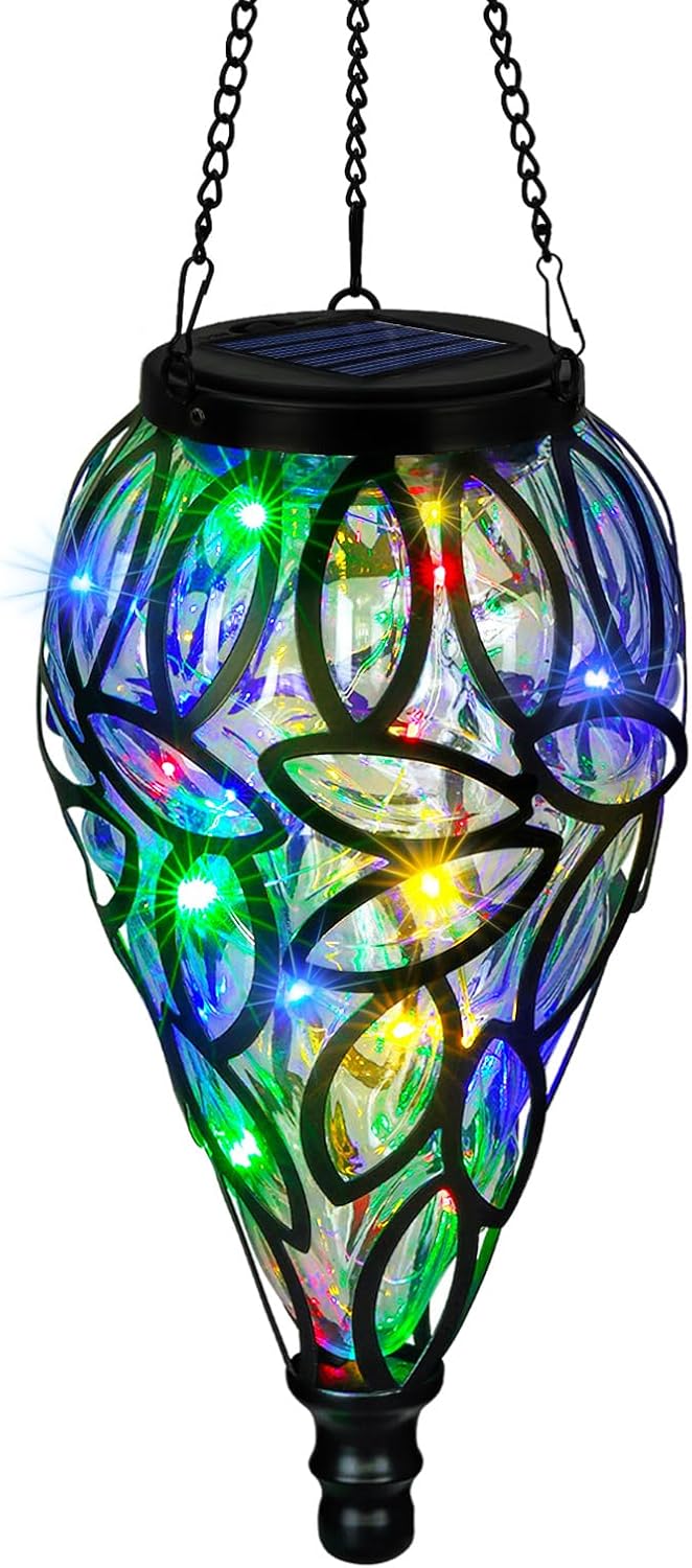 SUNNYPARK Outdoor Plastic Solar Hanging Lantern, 15 Multi Color LEDs Twinkle Effect Tear-Shaped Hanging Lantern Decor Garden Decorative Solar Lights for Backyard, Patio and Lawn