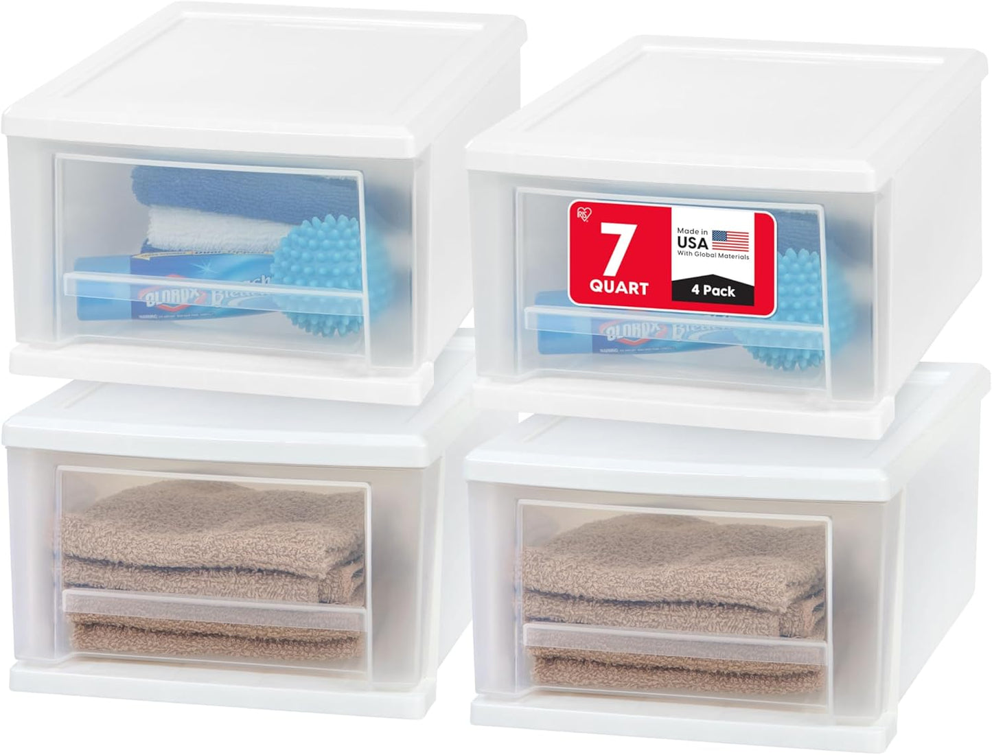 IRIS USA 7 Qt. Plastic Drawer Storage Organizer Stacking Drawers, 4-Pack, Stackable Unit with Sliding Drawer for Clothes Bedroom Kitchen Under Sink Pantry Craft Room Bathroom Dorm Office, White