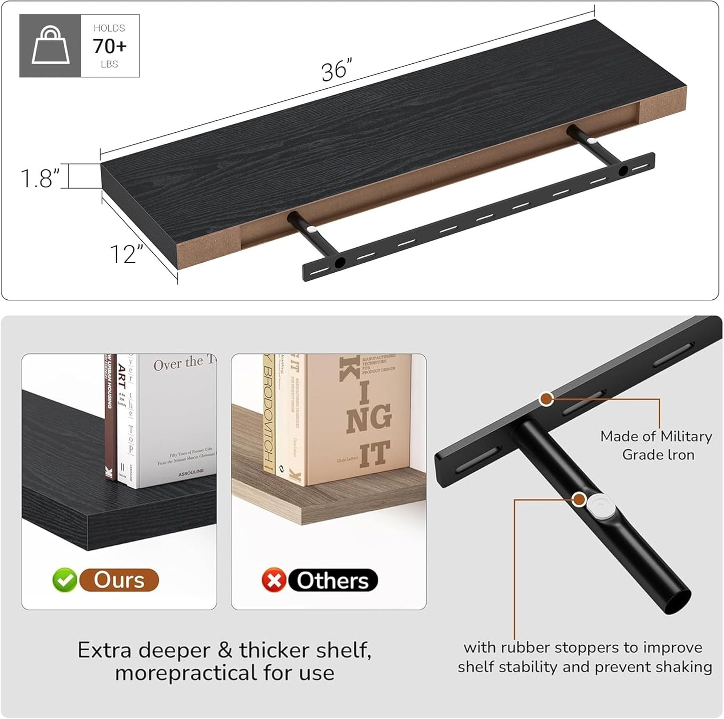 Single Floating Shelves 36 inch Long, Large 10 in Deep Wall Shelves Heavy Duty 70 lbs for Bedroom, Bathroom, Living Room, Kitchen, Office, Modern Shelf Home Decor, Set of 1, Black