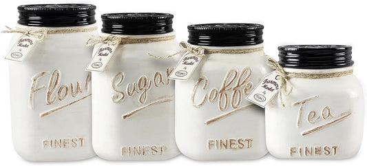 Young's 4 Piece Ceramic Canisters Sets for Kitchen, Country Style Ceramic Containers for Flour, Sugar, Tea and Coffee, Storage Containers with Lids 10.75"