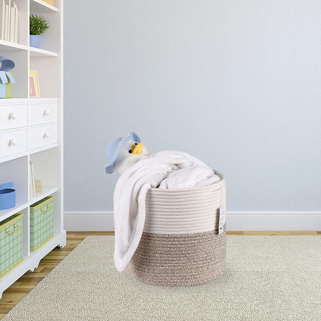 Woven Cotton Rope Plant Basket for 11 inch Flower Pot Floor Indoor Planters,Decorative Small Basket for Plants Storage Organizer Modern Home Decor (12" x 12", Khaki)