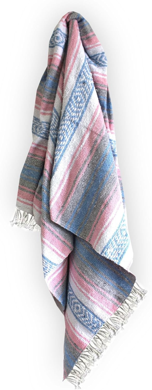 Del Mex Classic Mexican Blanket, Large Authentic Woven Falsa Throw (70"x50"), Artisan Southwest Décor for Beach, Yoga, Outdoors (Light Pink/Blue)