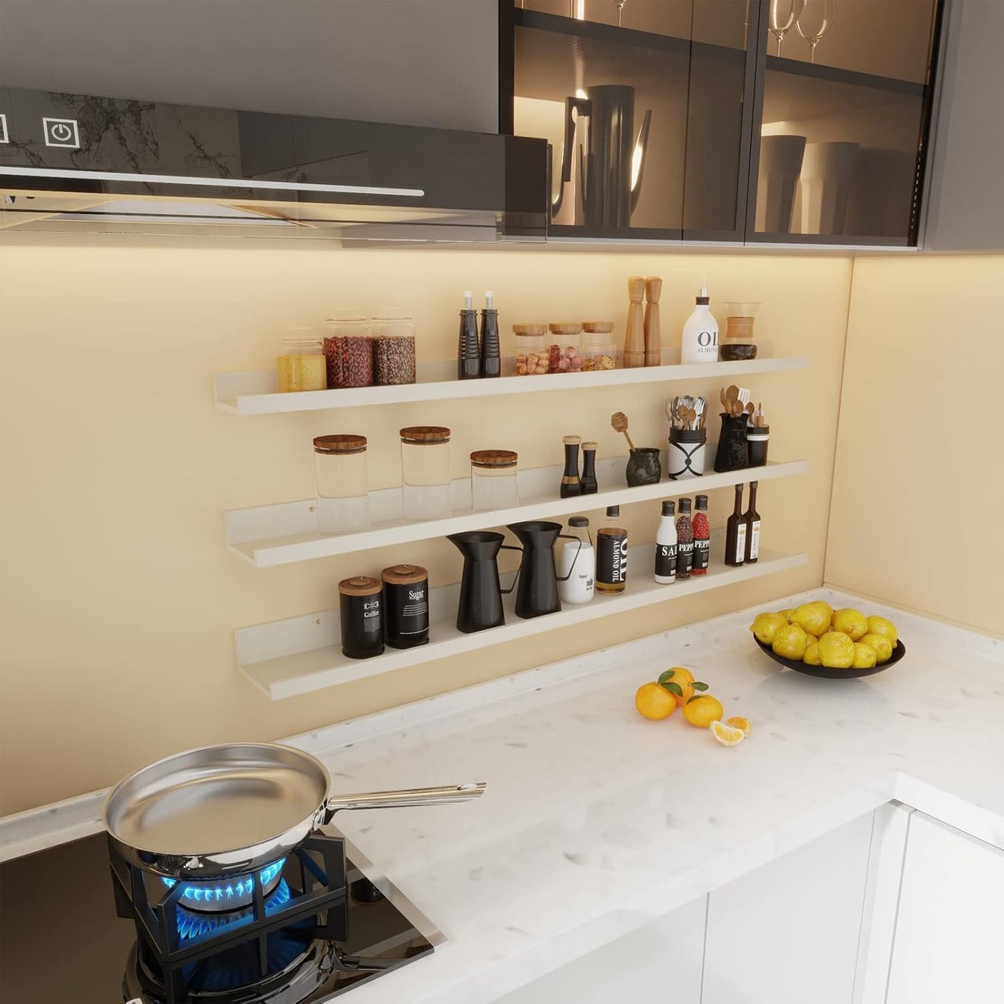 Giftgarden 47 Inch Floating Shelves for Wall Creamy White Beige Wood-Grain, Long Picture Ledge Large Wooden Photo Shelf for Living Room Bedroom Nursery Office, Set of 3 Different Sizes