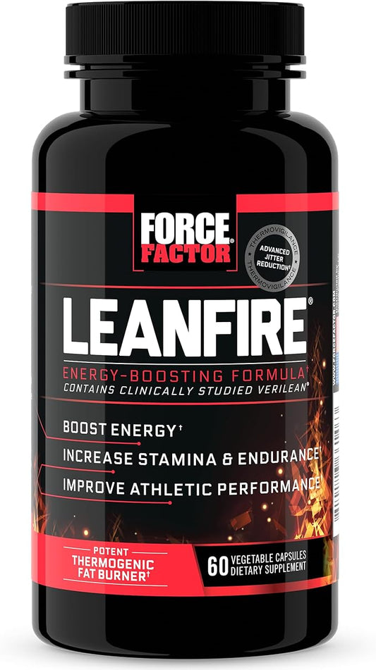 FORCE FACTOR LeanFire Pre Workout Energy Pills with Green Tea Extract and Caffeine to Increase Energy, Build Lean Muscle, Black, 60 Count (Pack of 1), Package May Vary
