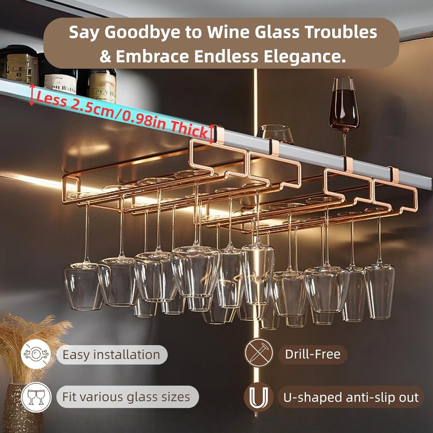 LINFIDITE 2 Pack Under Cabinet Wine Glass Rack Rose Gold Wine Glass Holder Stemware Rack Hanger Kitchen Hanging Storage Rack Organizer