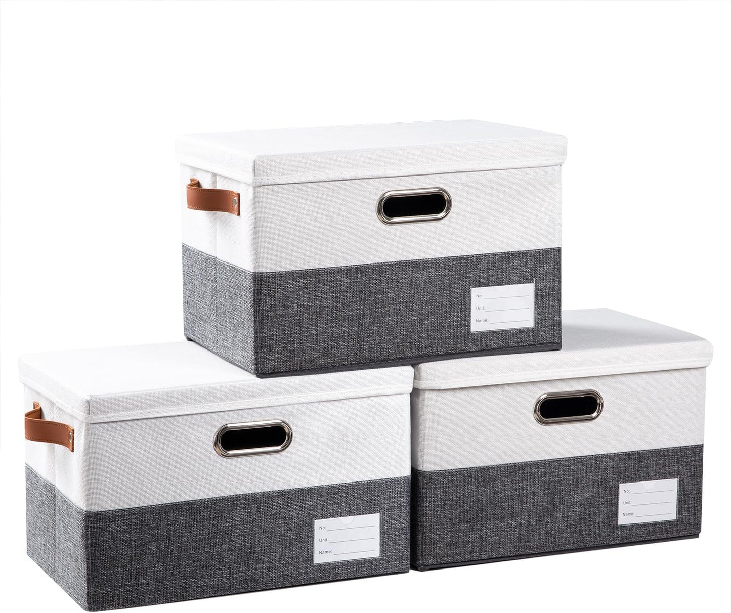 PRANDOM Foldable Storage Bins with Lids [3-Pack] Fabric Collapsible Storage Boxes Baskets Cubes Containers with Handles for Closet Living Room Bedroom (Grey & White 14.9x9.8x9.8'')