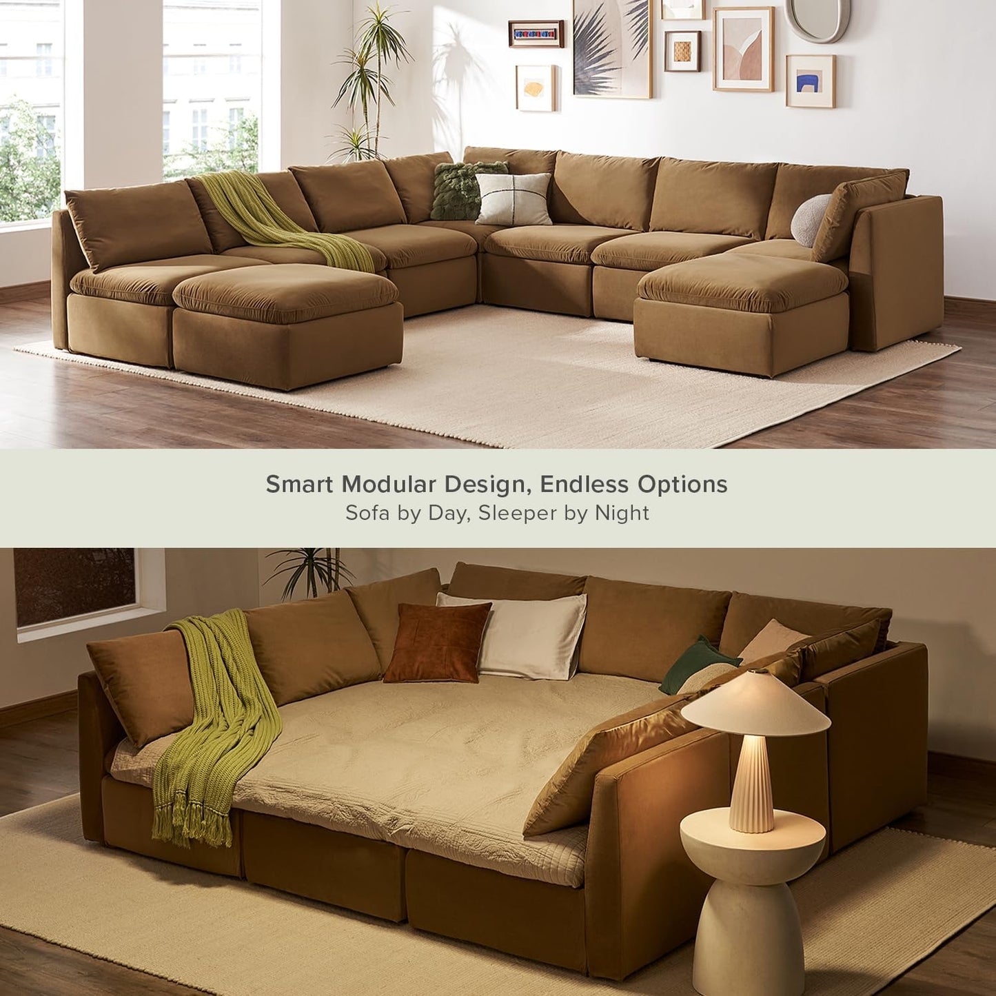 mopio Oversized Modular Sectional Sofa with Fully Removable Covers and Storage, Convertible U, L-Shaped and Sleeper Sectional, Modern Couches with Ottoman Chaise (Hazelnut Velvet, 9 Seats, Sleeper)