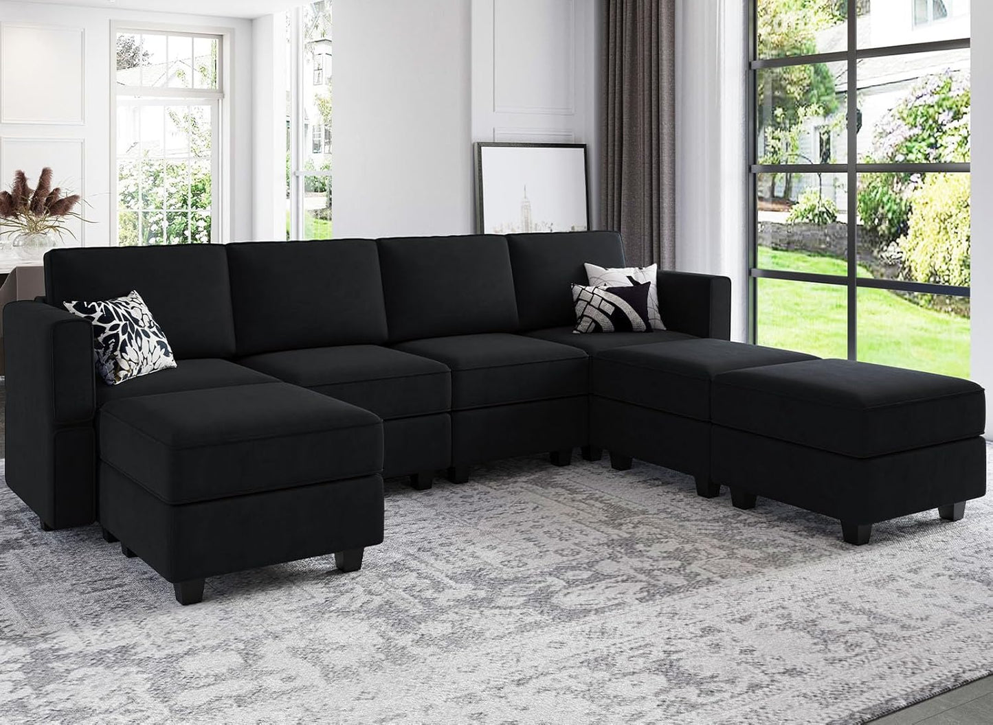 Belffin Modular Sectional Sofa U Shaped Sectional Couch with Reversible Chaises Velvet Modular Sofa with Storage Seat Black