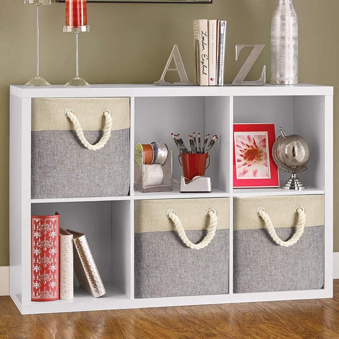 i BKGOO 3Pack Large Foldable Storage Bins，Collapsible Sturdy Cationic Fabric Organizing Storage Basket Cube with Cotton Handles for Home Office Shelf Clothes Toys Khaki-Grey 13×13×13 inch