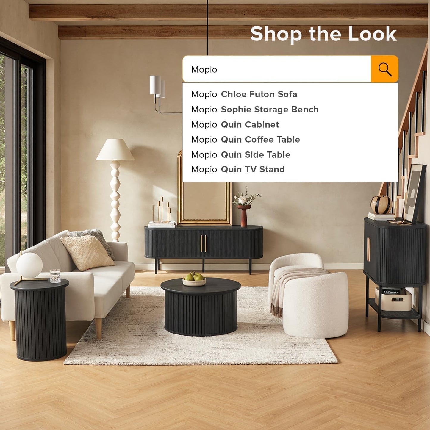 mopio Quin TV Stand, Mid Century Modern for 55/60/65 inch TV, Farmhouse TV Stand, Entertainment Center with Storage, TV and Media Console for Living Room (Black, 59" Tambour)