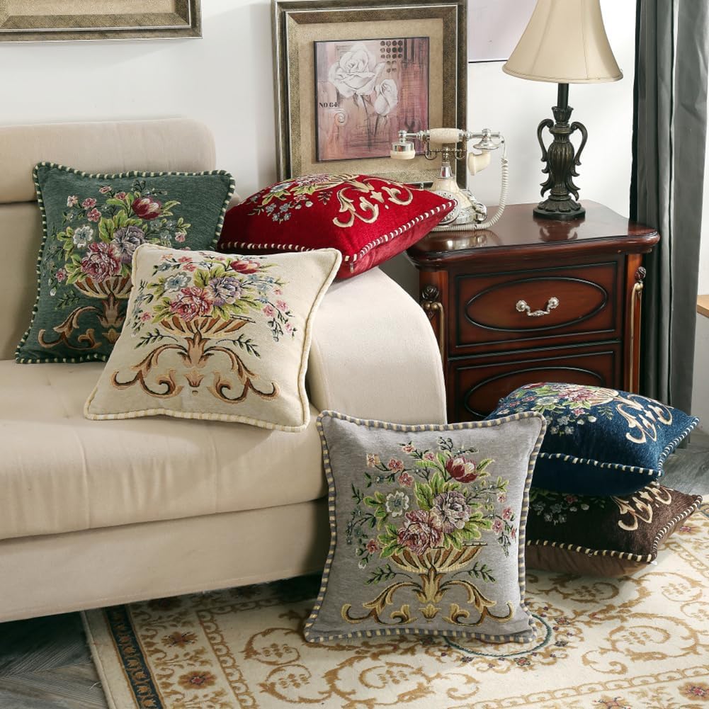 Set of 2 Blue Vintage Embroidered Throw Pillows Covers 18x18in，Vintage Decorations Floral Embroidered Cushion Cover for Sofa Couch Bed Chairs Car