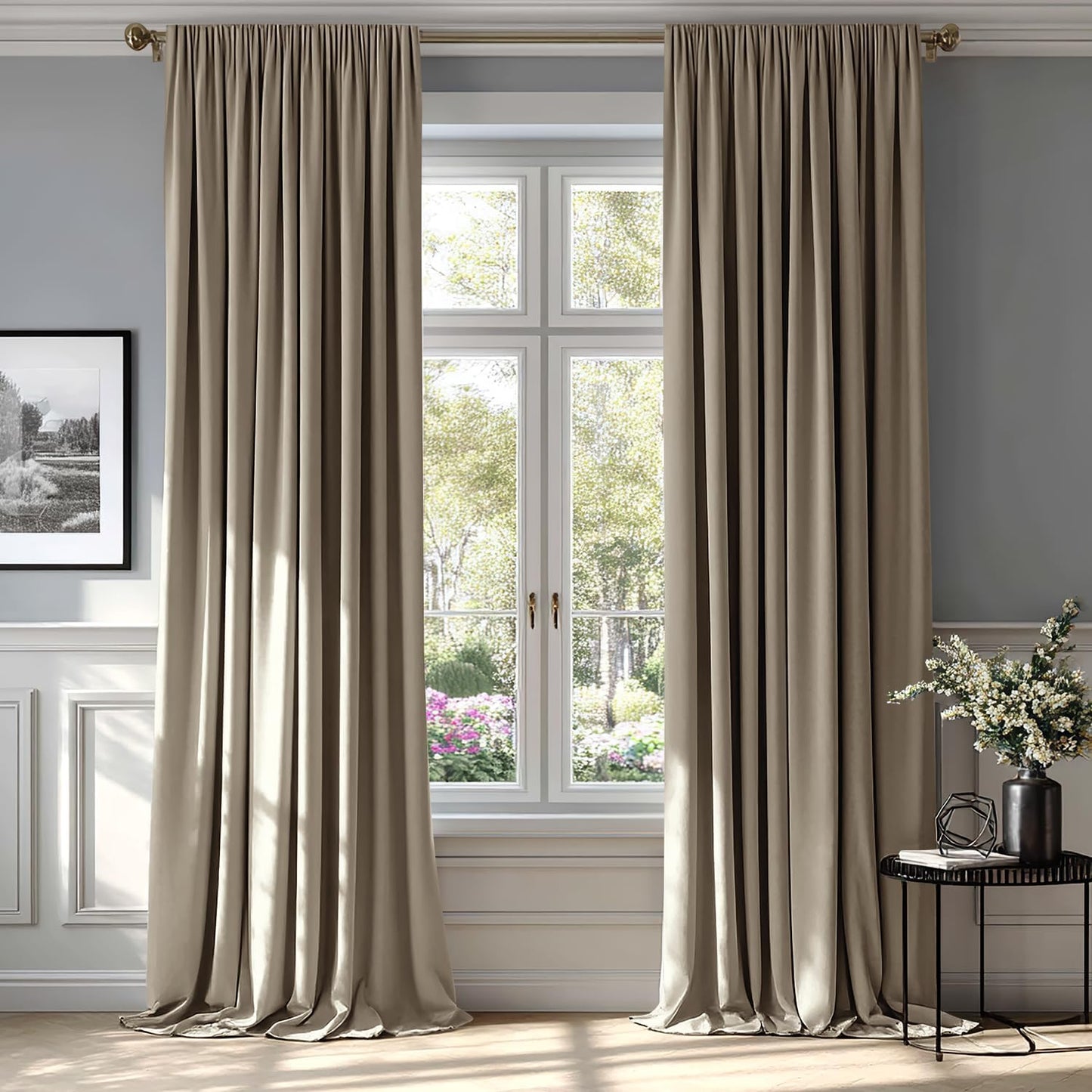 MIULEE Taupe Velvet Curtains Thermal Insulated Blackout Curtain Drapes for Bedroom Living Room Darkening 108 Inches Long Curtains Panels Rod Pocket Set of 2