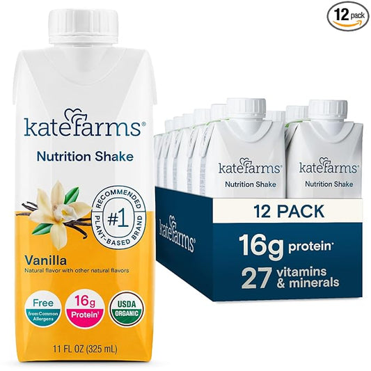 KATE FARMS Organic Nutrition Shake, Vanilla, 16g Protein, 27 Vitamins 11 oz (12 Pack)