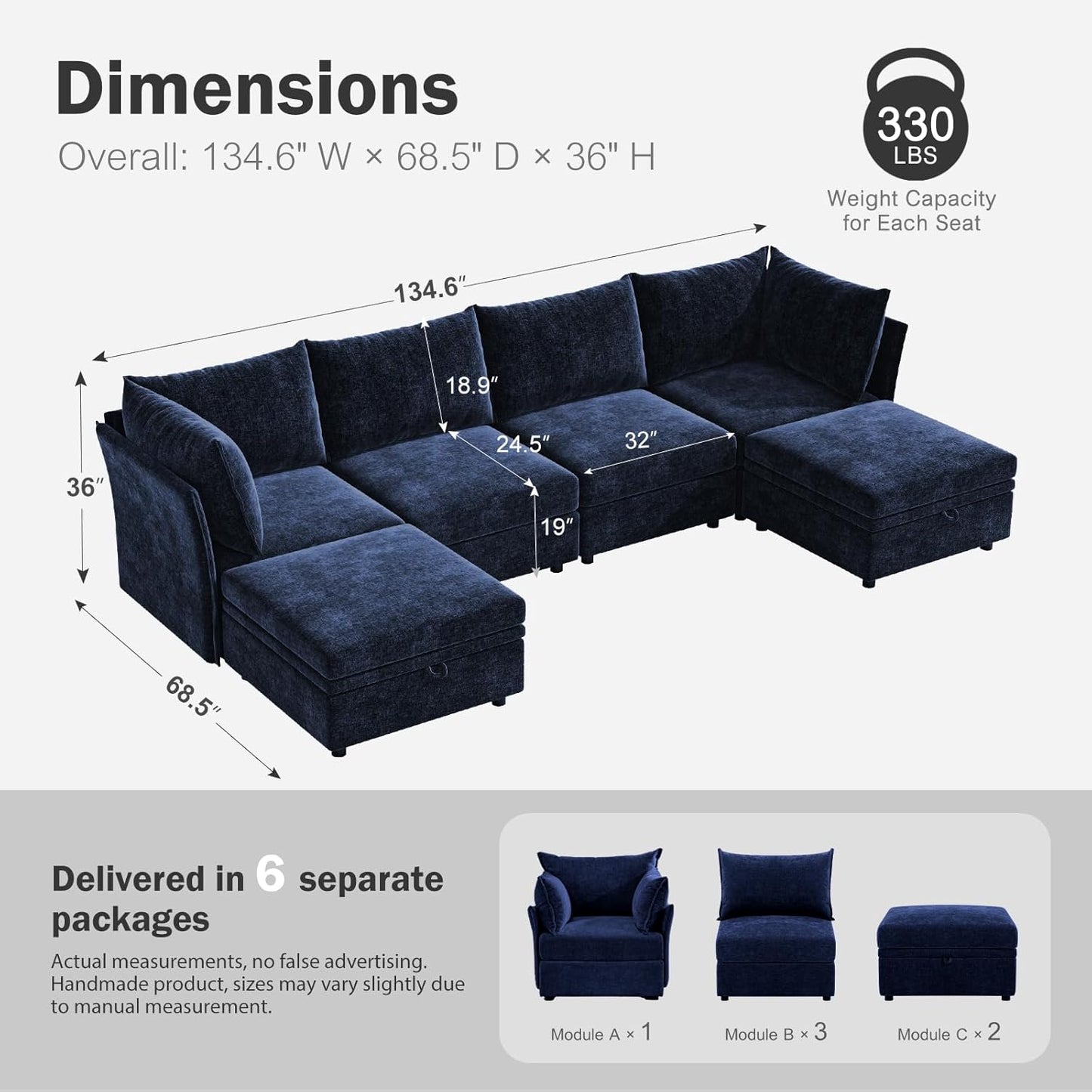 134.6" Oversized Modular Sectional Sofa, 6 Seater U Shaped Couch with Storage Ottoman with Reversible Chaise Deep Seat for Living Room, Apartment - Chenille Blue