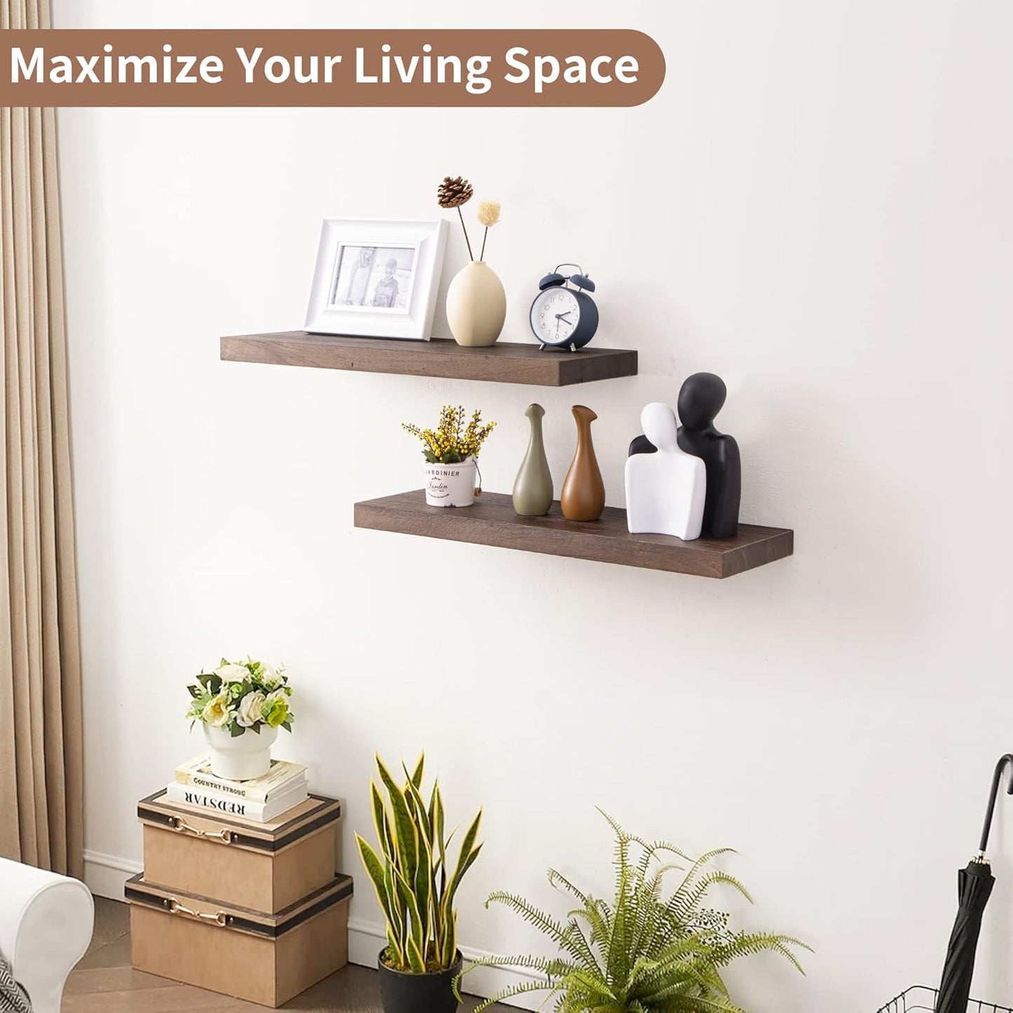 Axeman Floating Shelves for Wall, 24''W x 8'' D Rustic Solid Elm Wood Shelves for Storage, Wall Mounted Display Shelving with Invisible Heavy-Duty Metal Bracket (Walnut, 2PCs)