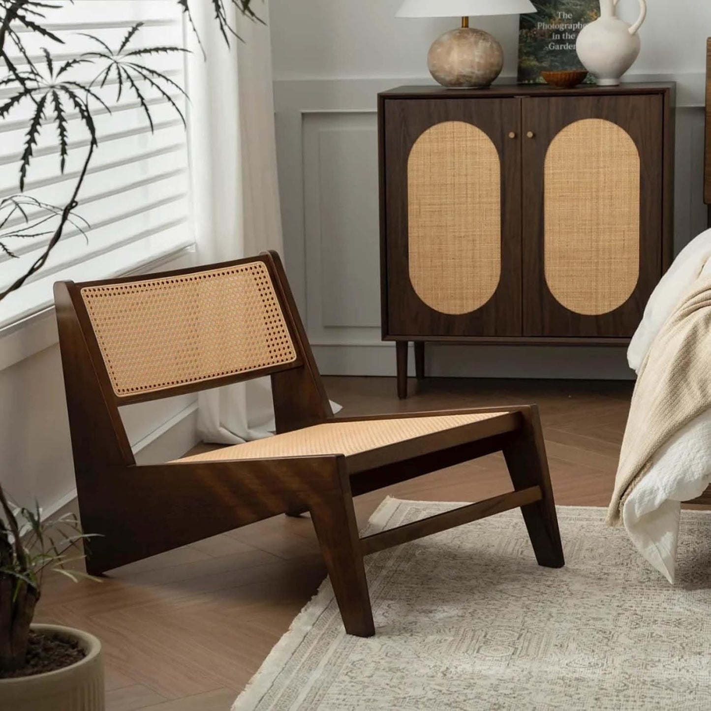 Mid-Century Accent Chair, Rattan Lounge Chair for Living Room, Boho Side Corner Comfy Chair for Bedroom and Balcony, Walnut