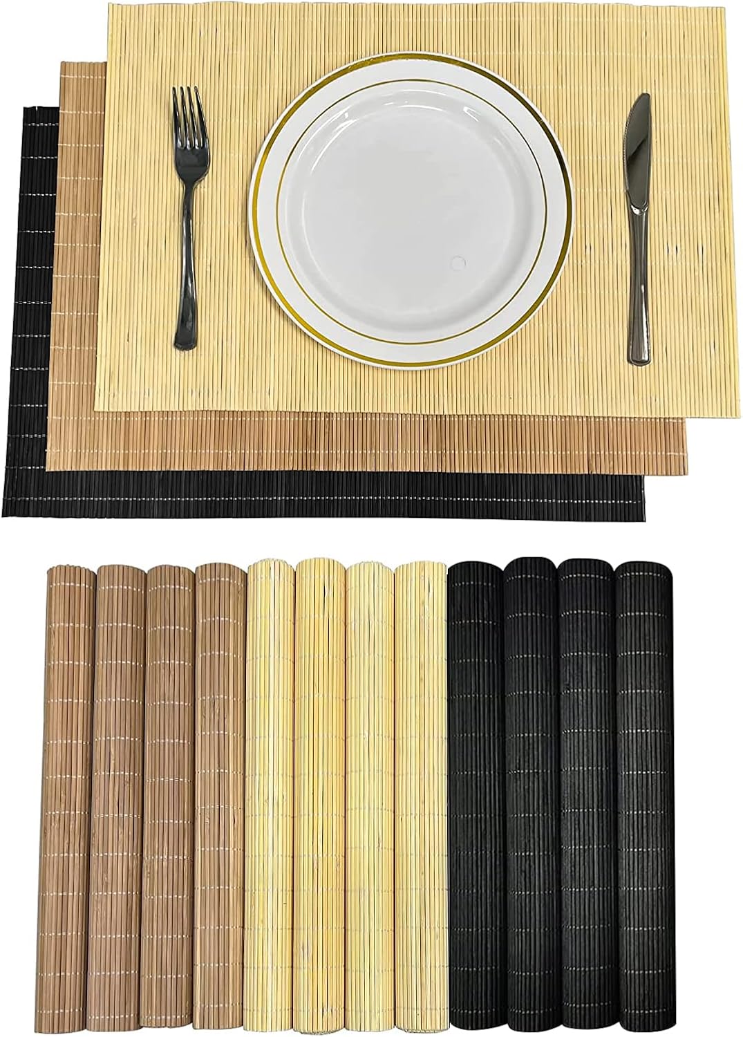 ANDSTAR Set of 12 Pcs Bamboo Placemats - Natural & Brown & Black, Anti-Slip, Heat-Resistant, Washable Table Mats for Dining and Kitchen