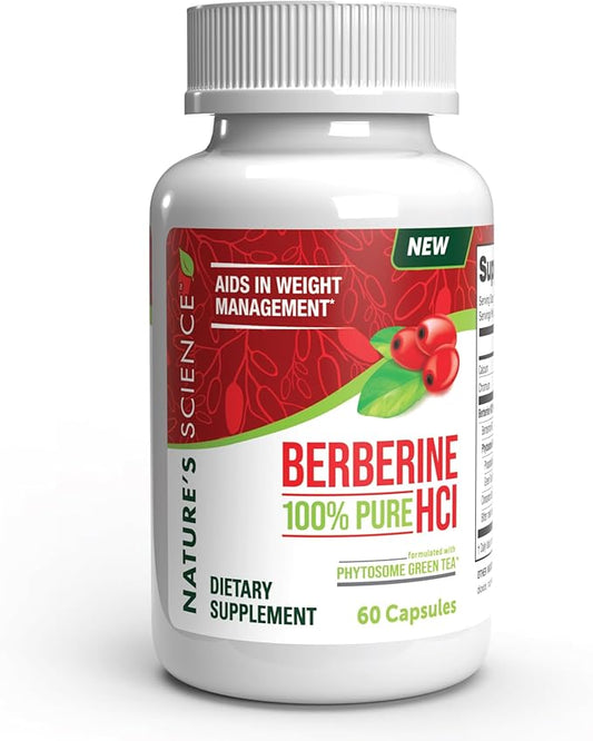 Nature's Science Berberine HCL with Phytosome Green Tea for Weight Management, 100% Pure Clinical Grade Berberine HCL for Better Absorption - Helps Metabolism, Keeps Full for Longer - 60 Caps