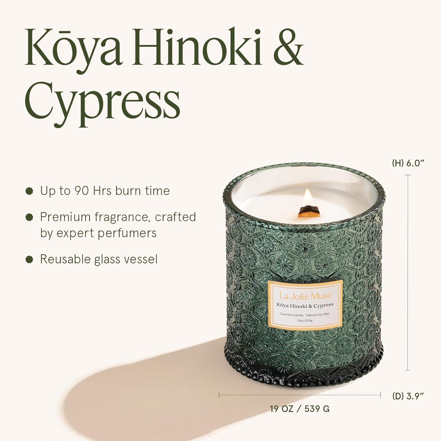 LA JOLIE MUSE Kōya Hinoki & Cypress Scented Candle – Pine, Leather & Hinoki | 19 oz Festive Christmas Candle | Wooden Wick | Clean Burn & Vibrant Scent | Fun Gift for Hosts & Fall Tablescapes