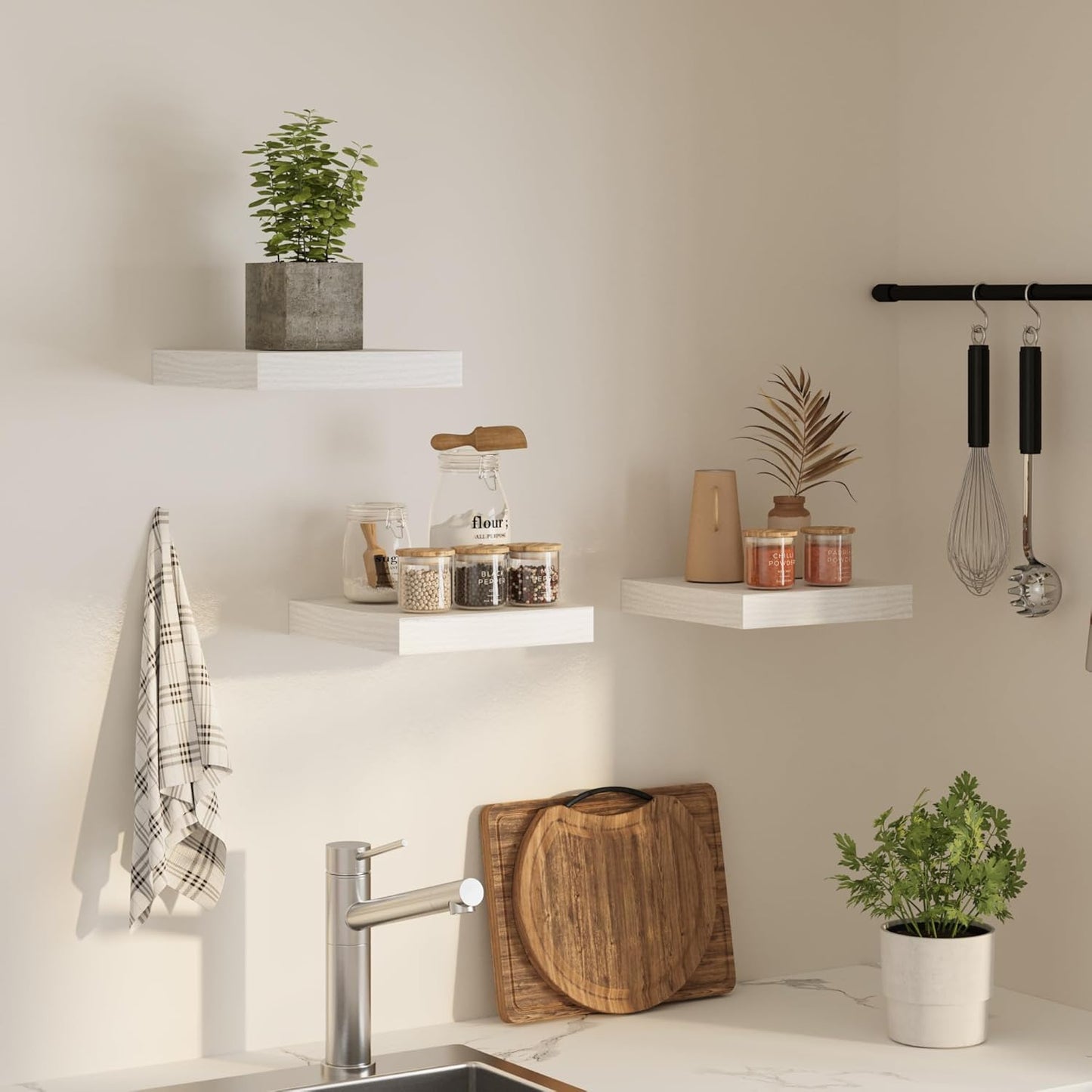 Square Floating Shelves for Wall, 12" W x 12" D x 1.2" H, Small Wooden Wall Mounted Display Shelves with Invisible Brackets for Living Room, Bedroom, Bathroom, Kitchen Decor, Set of 3, White