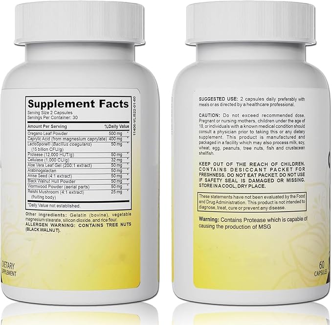 Candida Cleanse - Gut & Colon Support,Advanced Probiotic & Herbal Formula for Intestinal Detox,Anti Yeast Overgrowth - Oregano Leaf, Wormwood, Black Walnut, Caprylic Acid（60 Capsules） A1
