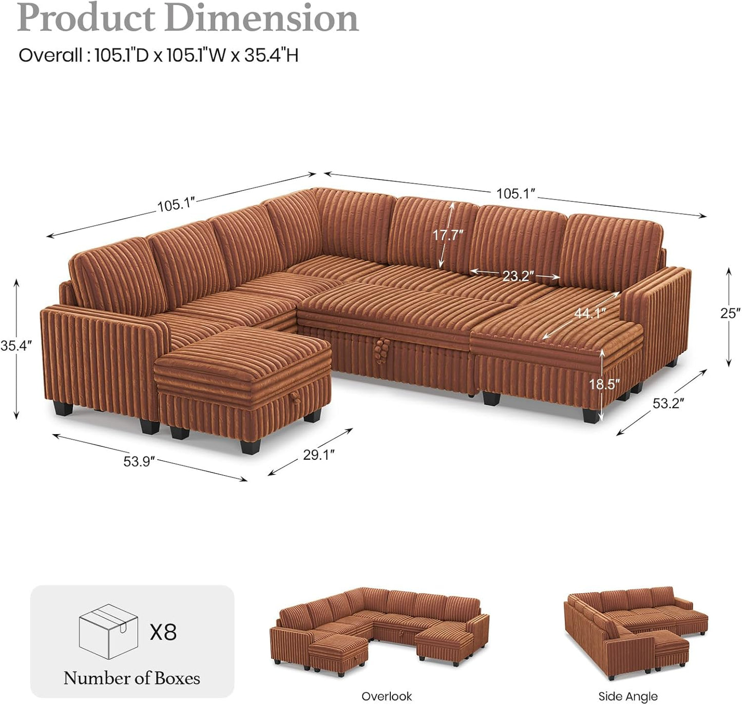 Belffin Oversized Sofa Bed Modular Sectional Sleeper Sofa with Pull Out Bed L Shaped Couch with Storage Chaise Brick Red Couch