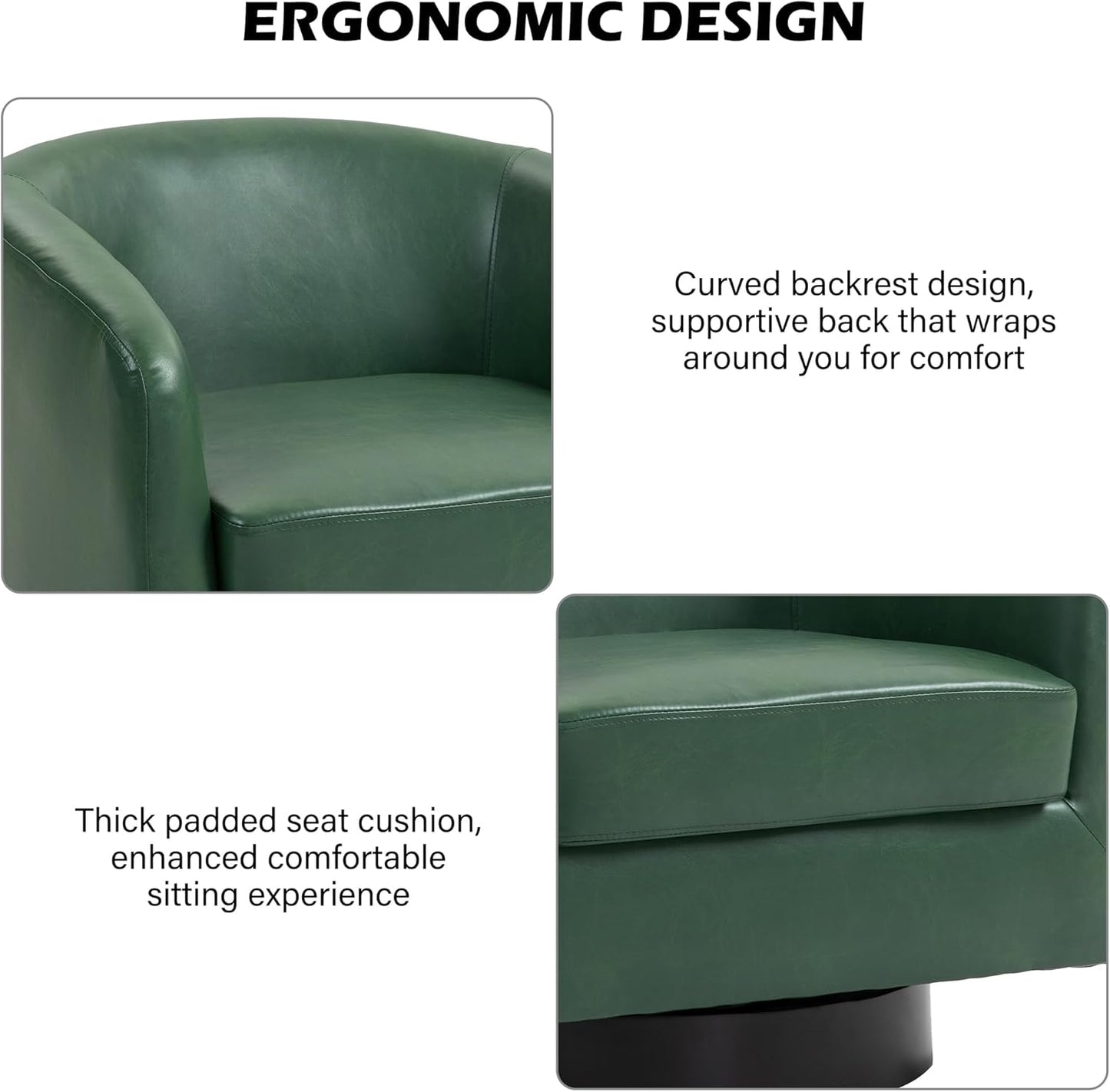 Swivel Barrel Accent Chair, Modern Round Faux Leather Arm Chair for Living Room, Bedroom, Comfy Club Reading Chairs for Adults(Faux Leather, Green, Set of 2)