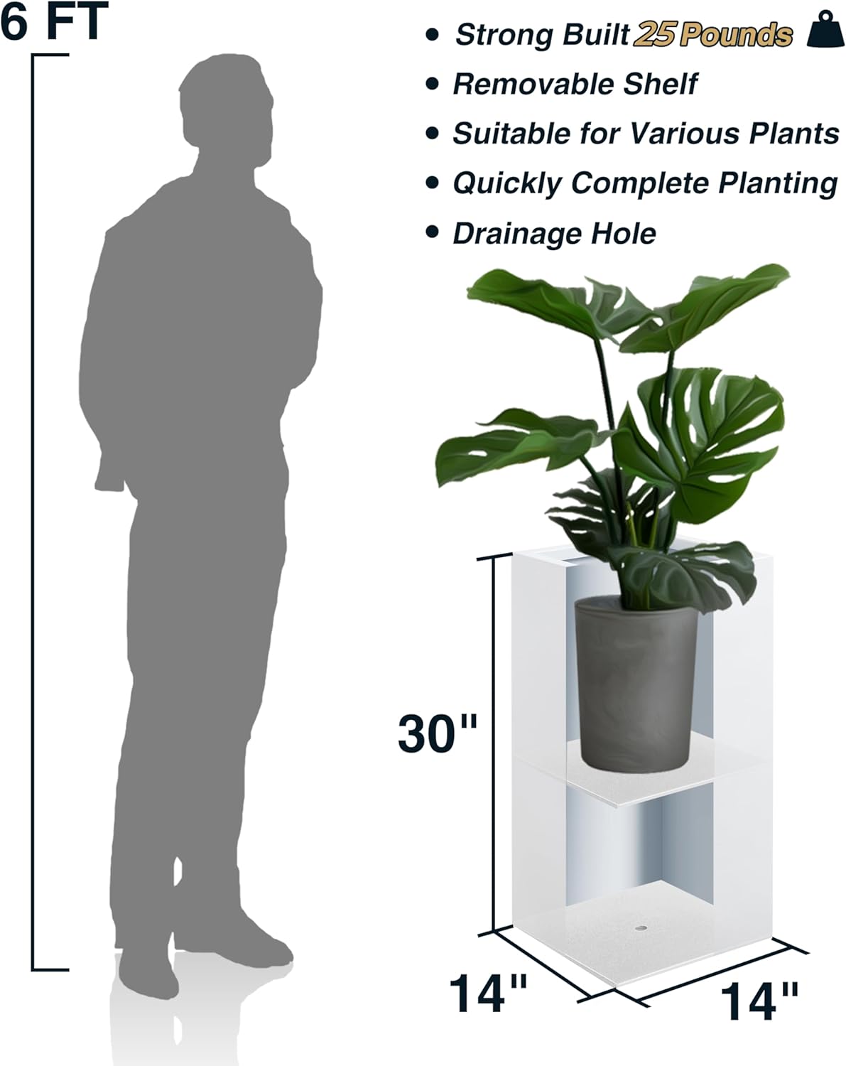 Metallic Heavy Tall Outdoor/Indoor Planter Box, Seamless Metal Planter, Rectangular, 14”Lx14”Wx30”H, ‎25 Pounds Each, Pure White, No Assembly and Seamless, Set of 2