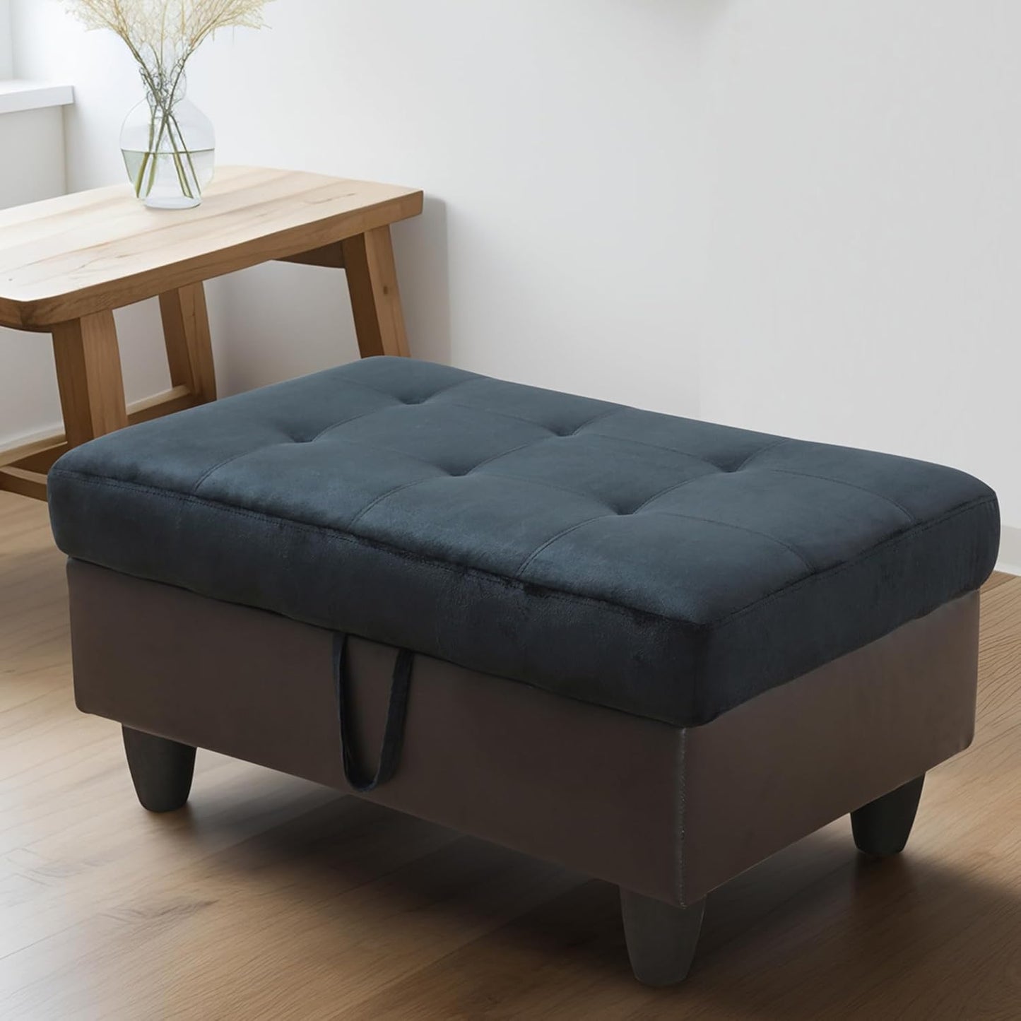 Ottoman Rectangular Storage Ottoman Bench, Flannel Footrest Stool Footstool with Lid for Living Room, Bedroom, Entryway, Dark Blue&Brown, 35"x23.5"x17.5"