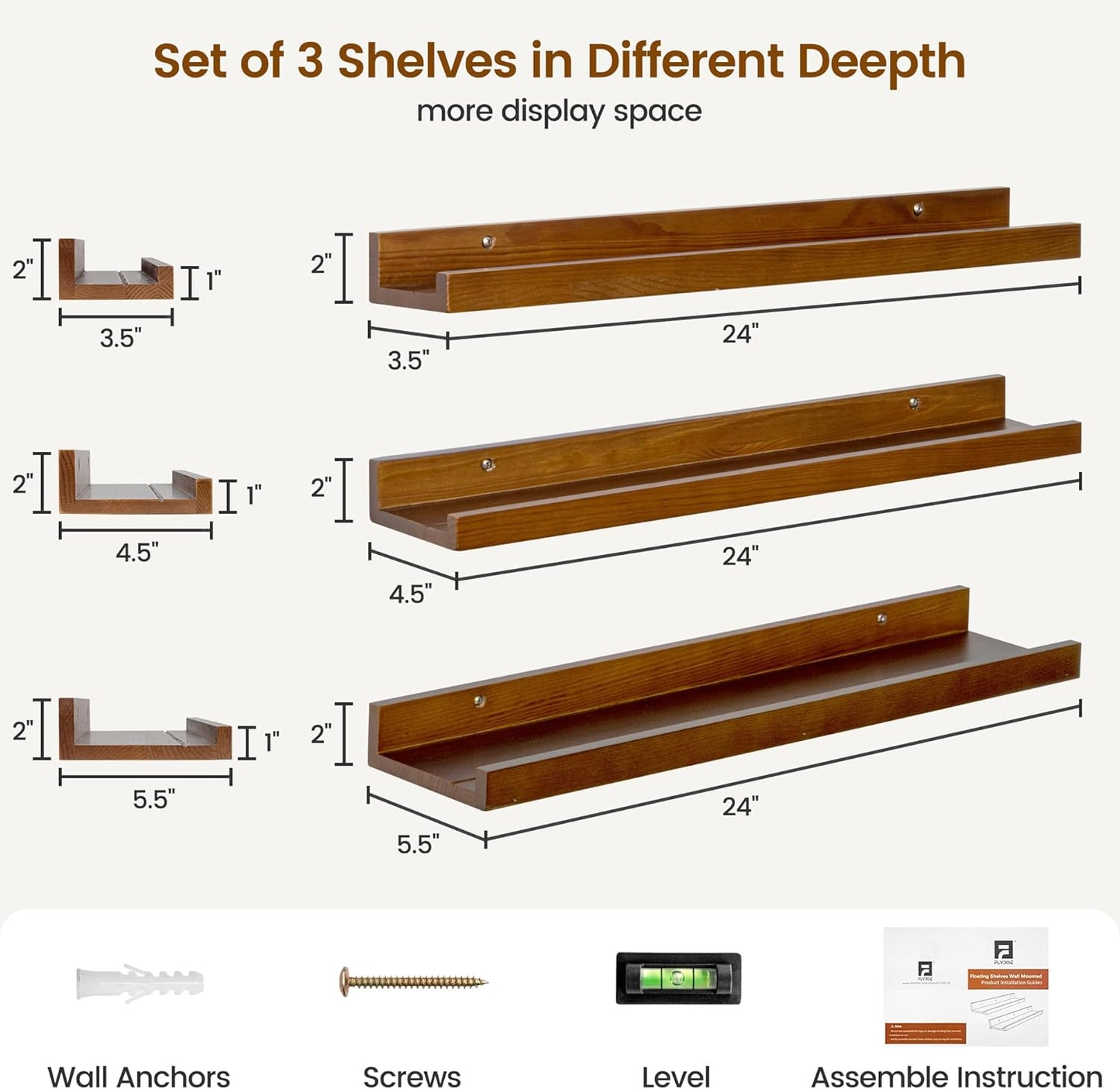 Picture Ledge Wall Shelves 24 inches Width Set of 3, Solid Pine Wood Rustic Floating Ledge Shelves for Wall for Kids' Room Bedroom Kitchen Bathroom Living Room Nursery Display Wall Decor, Walnut