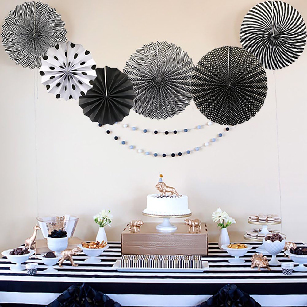 Party Hanging Paper Fans Set, Black Round Pattern Paper Garlands Decoration for Birthday Wedding Graduation Events Accessories, Set of 6