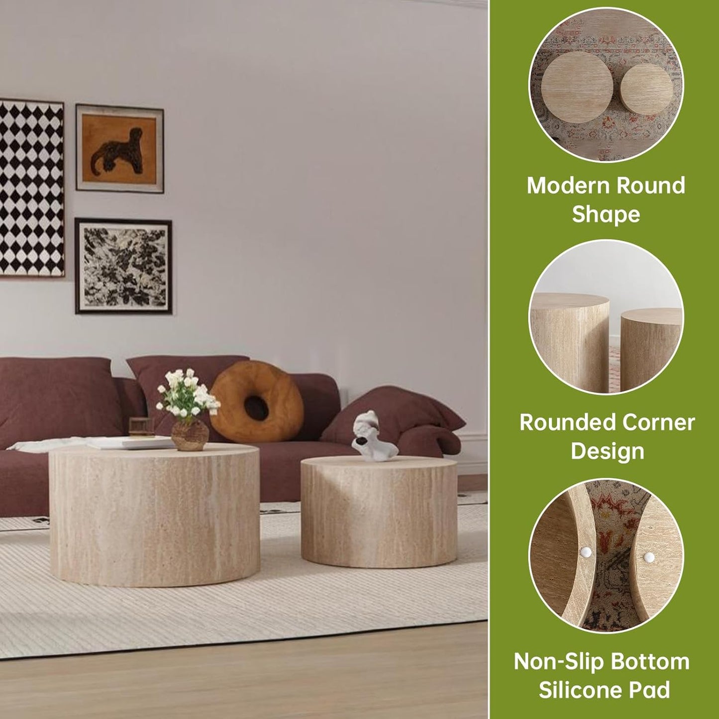 Round Nesting Coffee Table Modern Travertine Coffee Table Set of 2 for Living Room Circle Drum Coffee Tables Round Nesting Tables for Small Spaces (Travertine 26in)