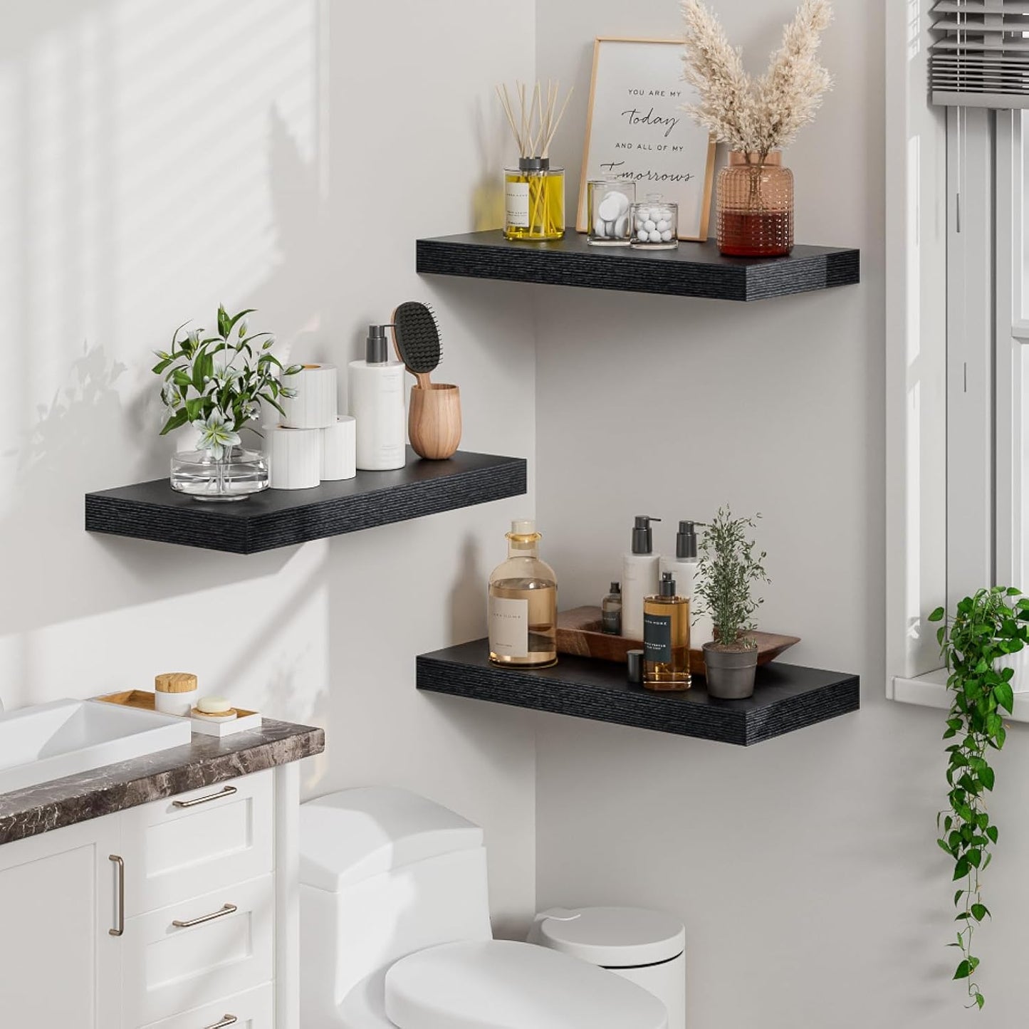 Heimlove 12" Deep Black Floating Shelves for Wall, 24 Inch Wall Shelf Bathroom Shelves Set of 2, Wall Mounted Shelves for Books Living Room Laundry Room Bedroom Kitchen Home Office