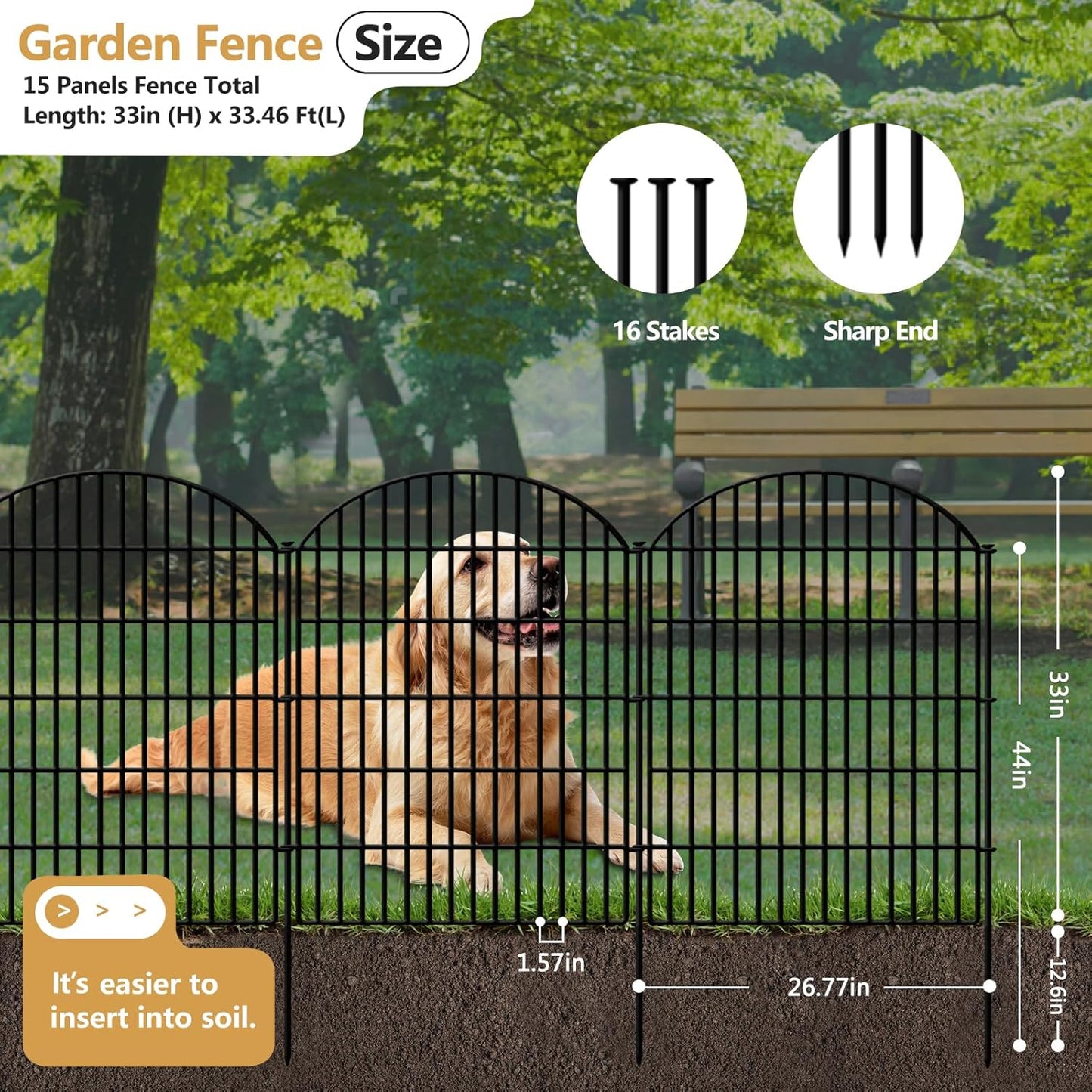 15 Panels Decorative Garden Fence, 33in (H) x 33.46ft (L) No Dig Dog Fences Outdoor for Yard, Rustproof Tall Metal Fencing Panels Animal Barrier Border for Rabbits, Patio Temporary Use