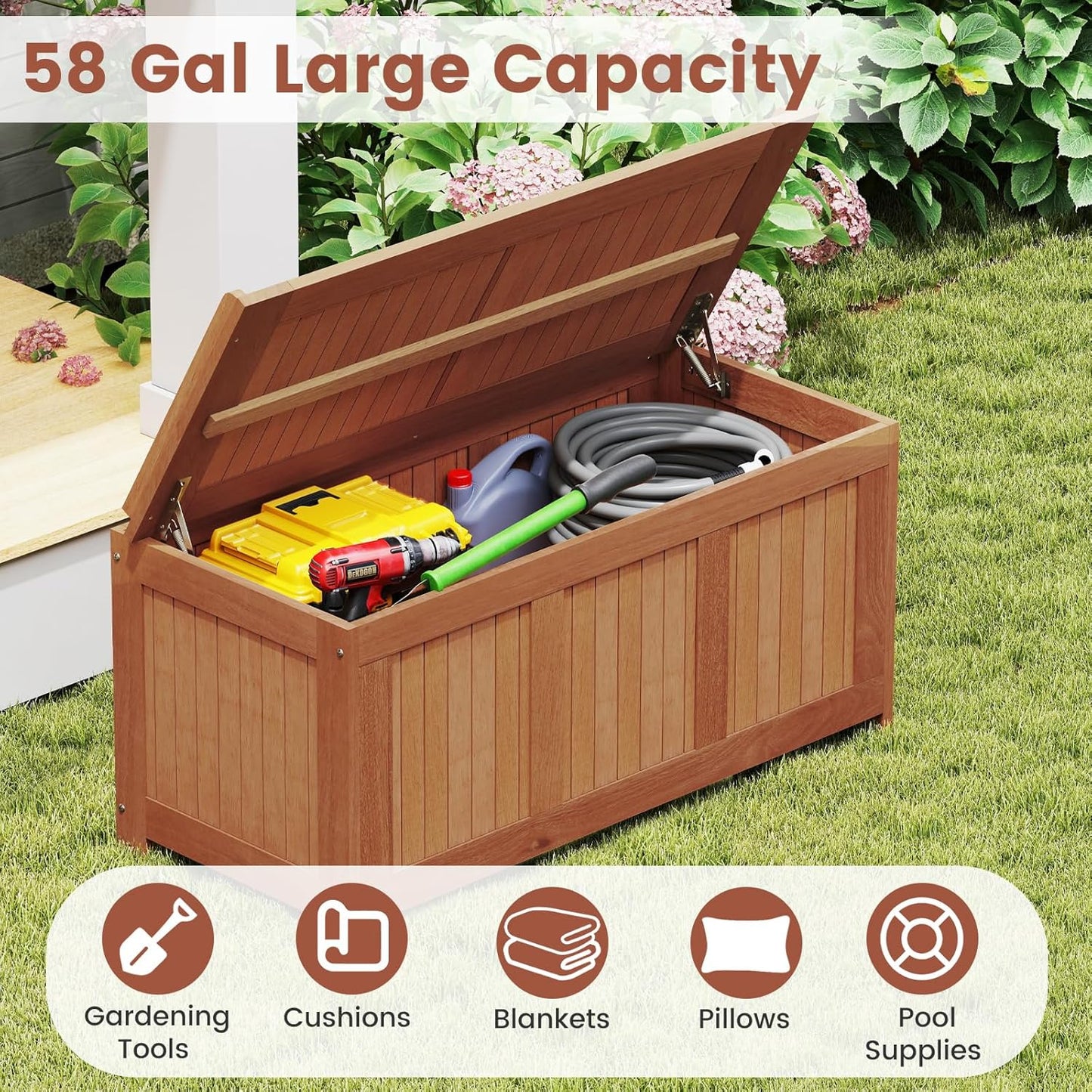 Tangkula 58 Gallon Wood Deck Box, 3-in-1 Patio Storage Bench Stool w/Flip Top for Cushions, Pool Supplies, Gardening Tools, Outdoor Container Chest for Garden, Backyard, Poolside