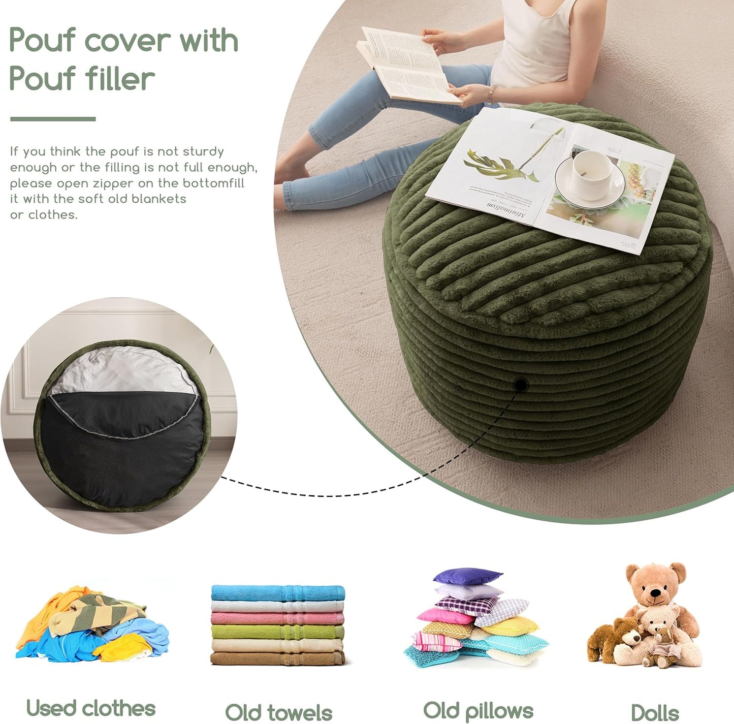 HIGOGOGO Round Stuffed Pouf Ottoman, Stripe Faux Fur Poufs with Foam Chunk Filling, Furry and Fluffy Pouf Foot Stool Storage Ottoman, 26 X 18 Floor Poufs Foot Rest for Living Room, Green
