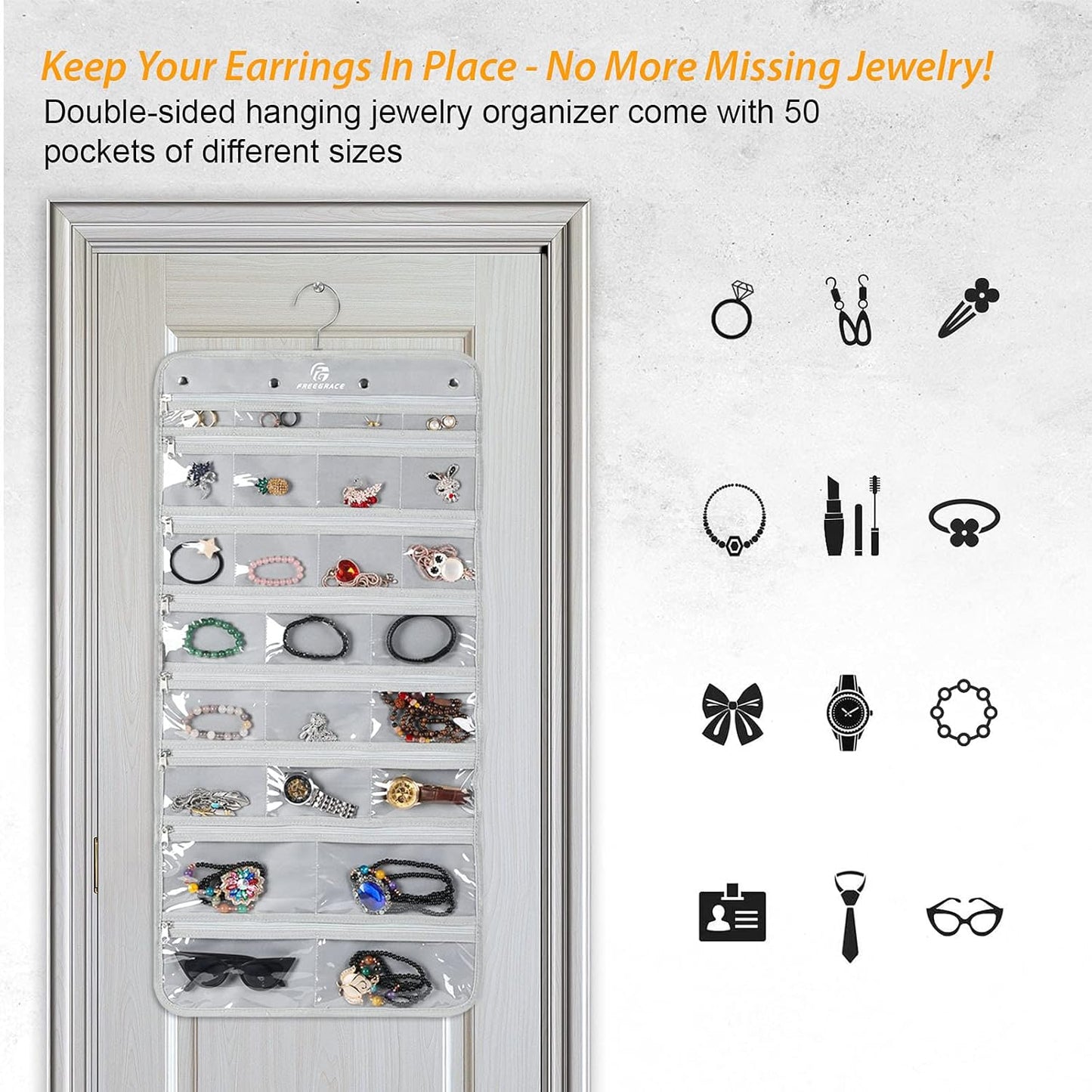 Freegrace Hanging Jewelry Organizer Revolving Hanger - Secure Zipper Closure - 50 Pockets - Foldable Storage & Display Solution - For All Jewelry & Bijoux (Gray)