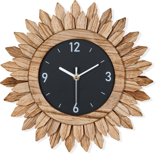 Honiway Wall Clock Battery Operated 12 in Rustic Wood Boho Sunburst Decorative Wall Clock Silent Non Ticking Farmhouse Small Wall Clocks for Living Room Kitchen Bathroom Bedroom Decor (Rustic Brown)
