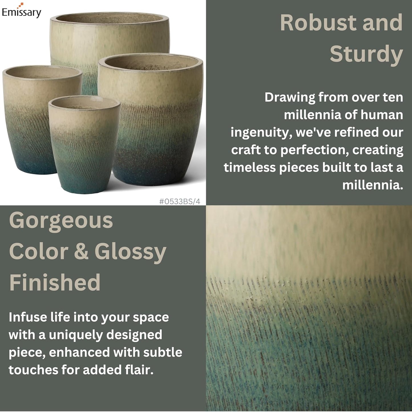 Emissary Bullet 18 in. Bayside Green Ceramic Round Planter (18 in. L x 18 in. W x 21 in. H) with Drainage Hole