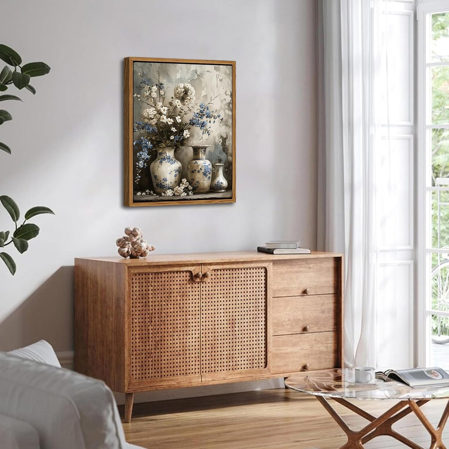 Floating Framed Farmhouse Floral Canvas Wall Art, Vintage Blue and White Flower Pictures Wall Decor, Elegant Art Jar Posters Print for Living Room Bedroom Bathroom Rustic Decor 16x24 inch