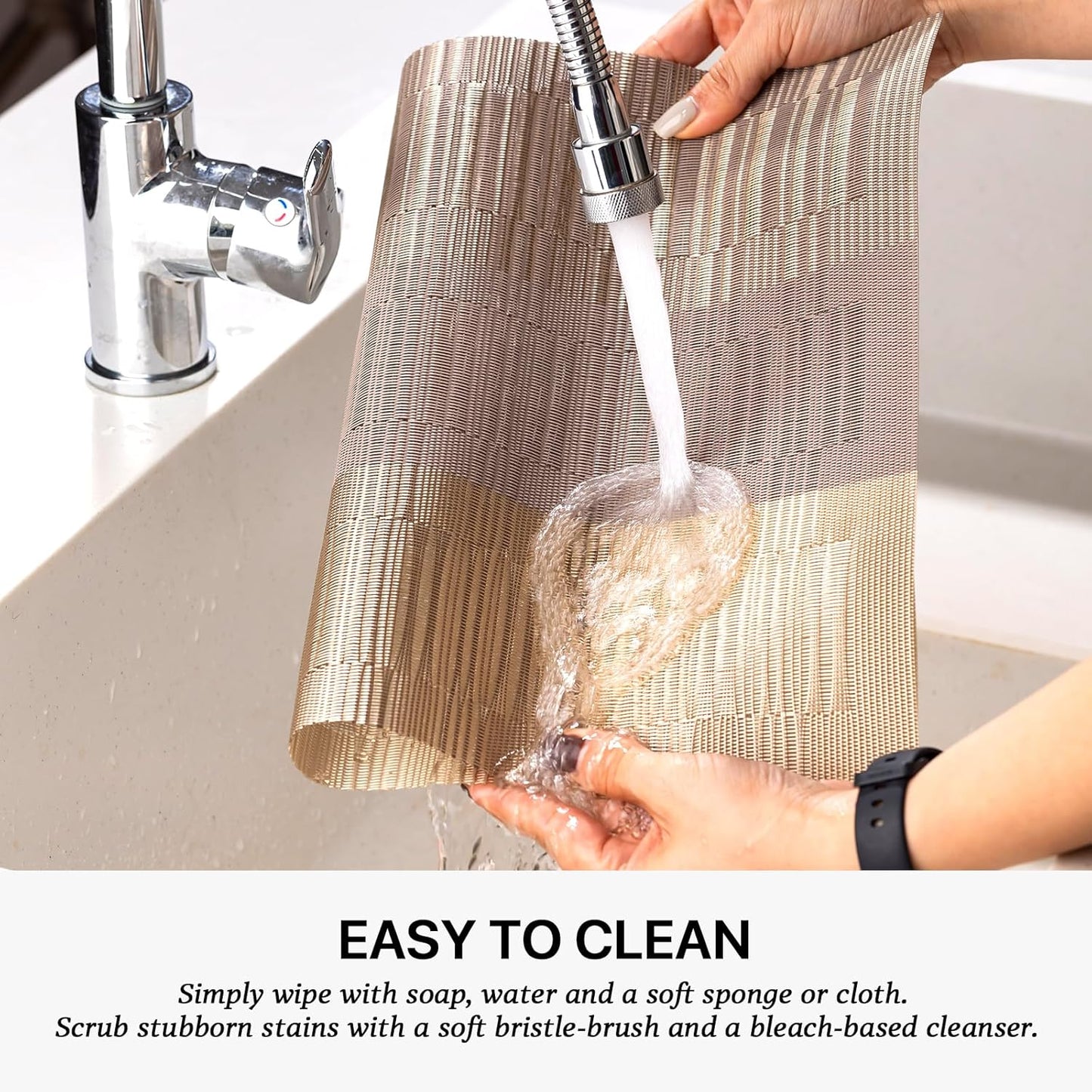 LEXMORE Placemats Set of 8 Vinyl/Plastic Woven Place Mats for Kitchen Table Indoor/Outdoor Washable Placemat Wipeable Dining Table Mats(Gold Dune)