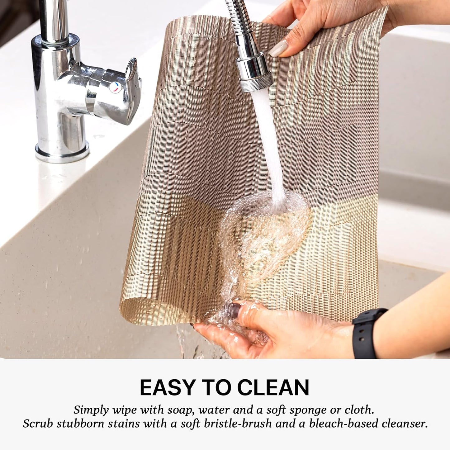 LEXMORE Placemats Set of 6 Vinyl/Plastic Woven Place Mats for Kitchen Table Indoor/Outdoor Washable Placemat Wipeable Dining Table Mats(Gold Dune)