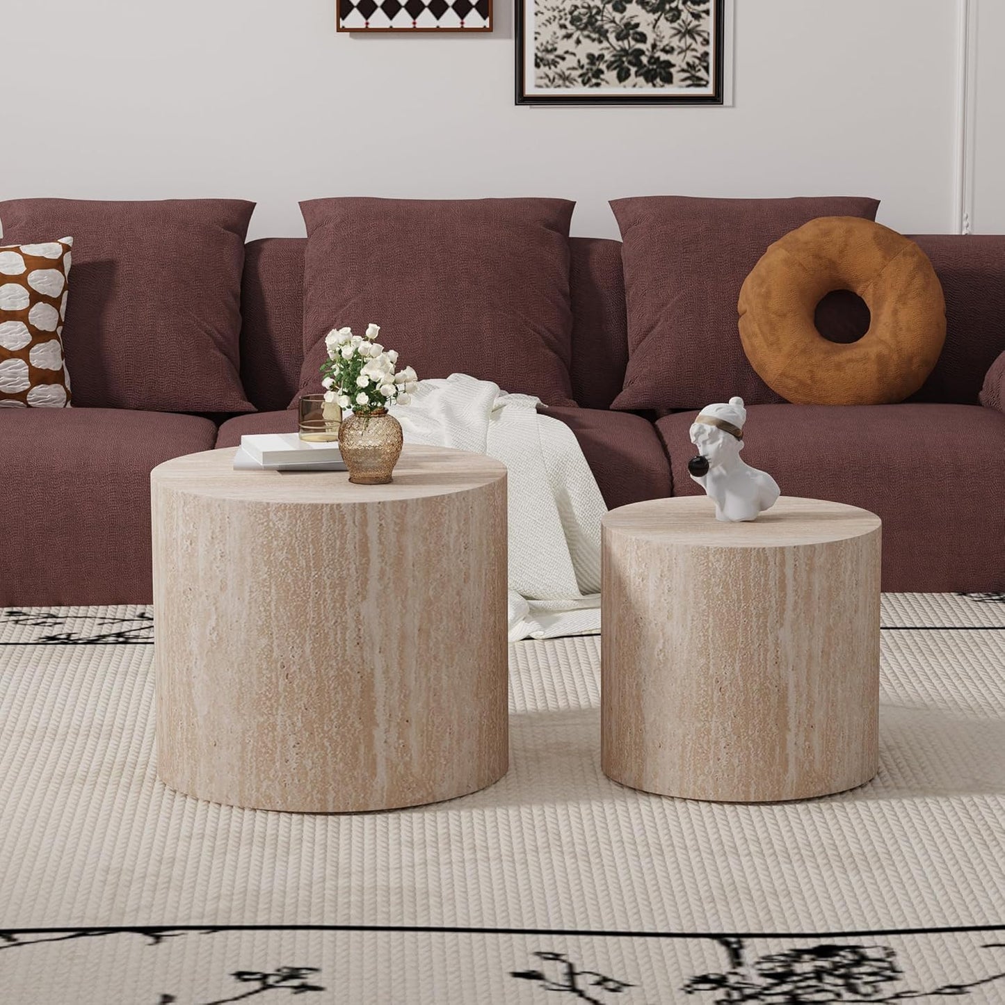Travertine Round Nesting Coffee Tables 2 Piece Set - Contemporary Design, Round Drum Nesting Side Table Sturdy Build, Multifunctional for Living Room, Office, and Balcony Use (Travertine 18.1in)