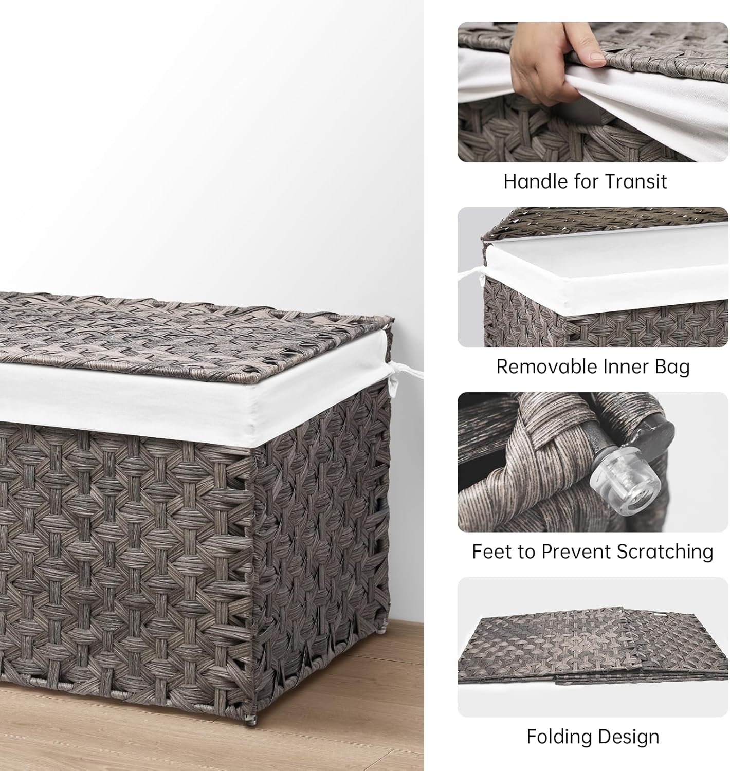 Wicker Storage Basket with Lid, 42.3 Gallon (160L) Large Blanket Basket with Lid, Woven Storage Bin with Handles, Removable Liner, Metal Frame, Foldable, for Bedroom, Laundry Room, Grey