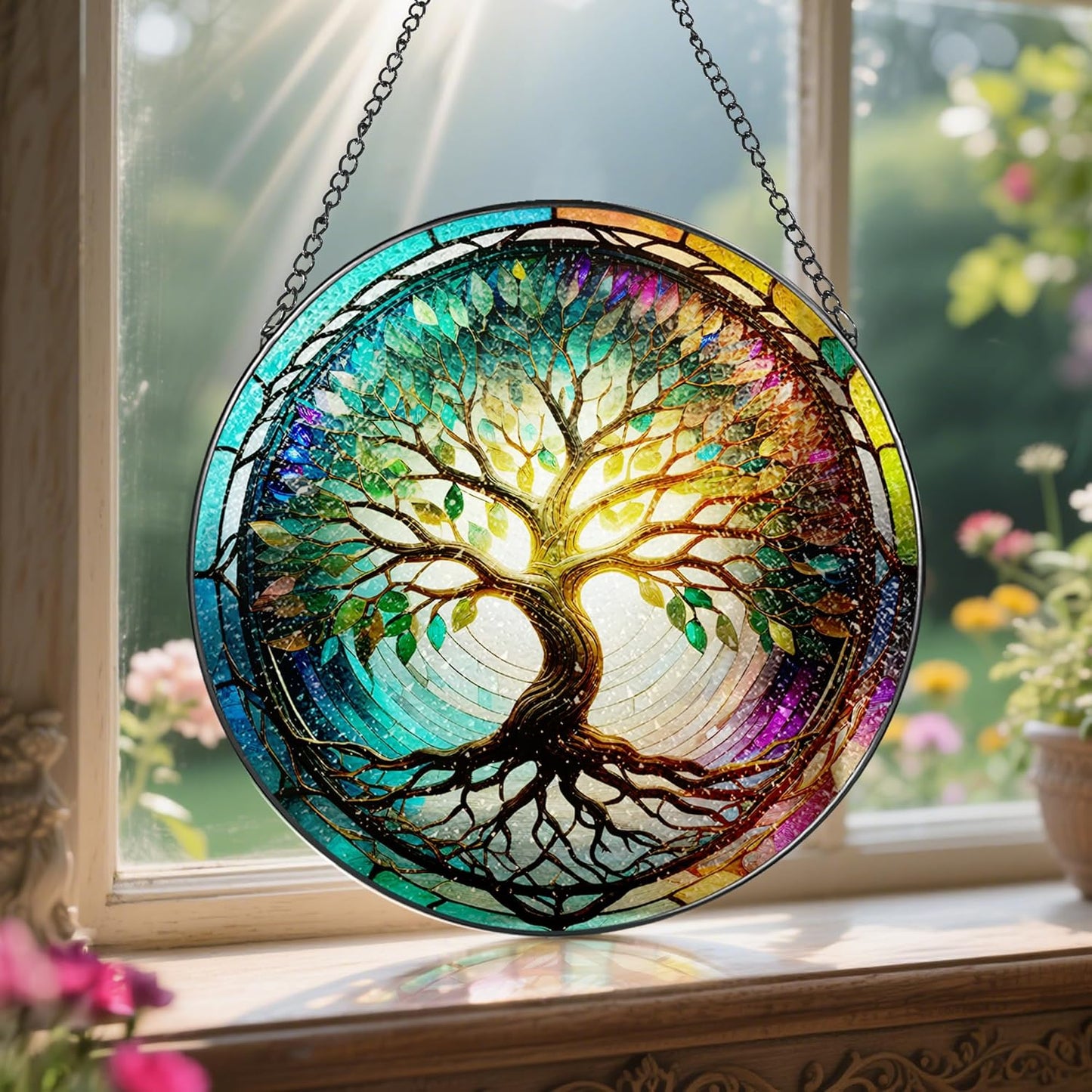 Stained Glass Window Hanging, LAOWEIKI 8'' Tree of Life Suncatcher, Stained Glass Ornament, Suncatchers for Windows Hanging, Window Decor, Outdoor or Indoor, Gifts for Mom, Grandma, Wife, Family
