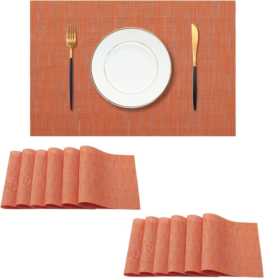 Leetaltree Orange Placemats Set of 12 - Heat Resistant Non-Slip Place mats for Dining Table, Washable Durable PVC Vinyl Woven Table Mats（Orange, 12）